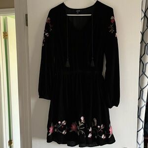 Ana Size M Black velvet Dress with embroidered Floral Details